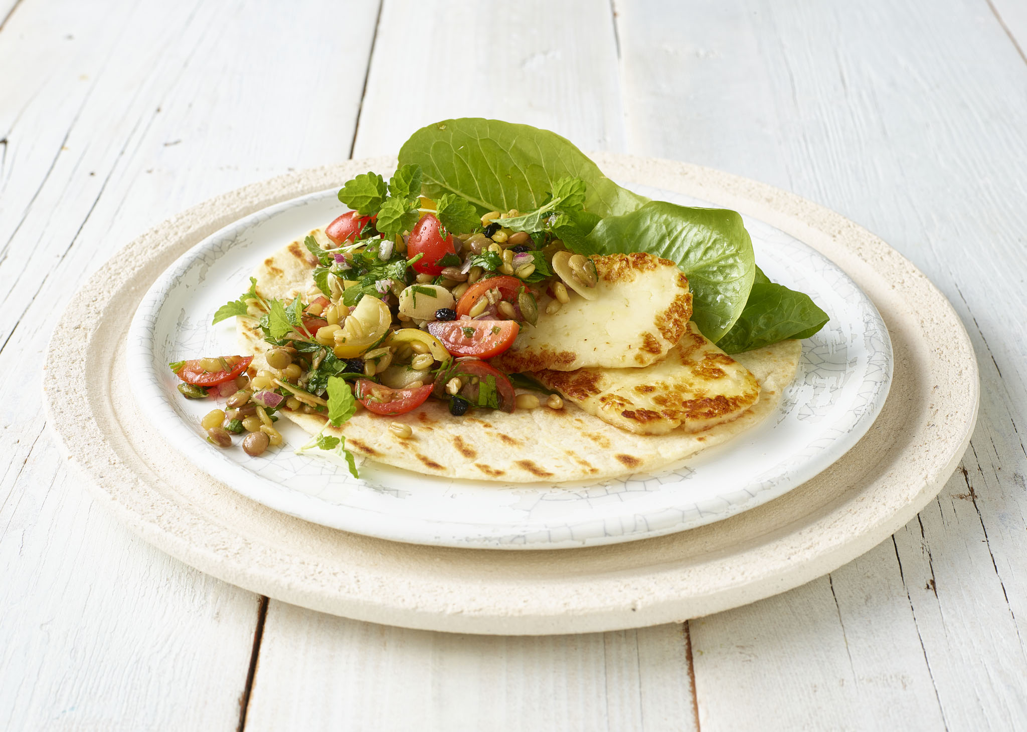 Freekah Salad with Tomato & Halloumi Wraps