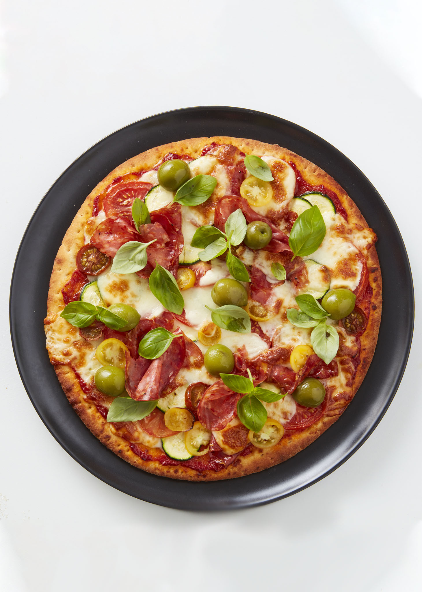 Spicy Salami with Heirloom Tomatoes & Zucchini Pizza