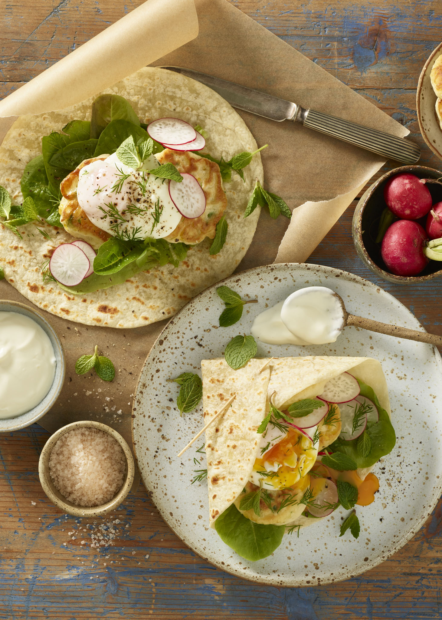 Zucchini & Pea Fritters with Poached Eggs Wraps